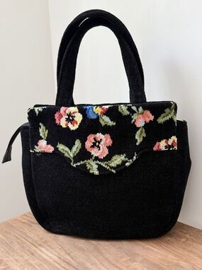 Vintage FEILER Germany Floral Chenille Tapestry Needlepoint Tote Bag Handbag